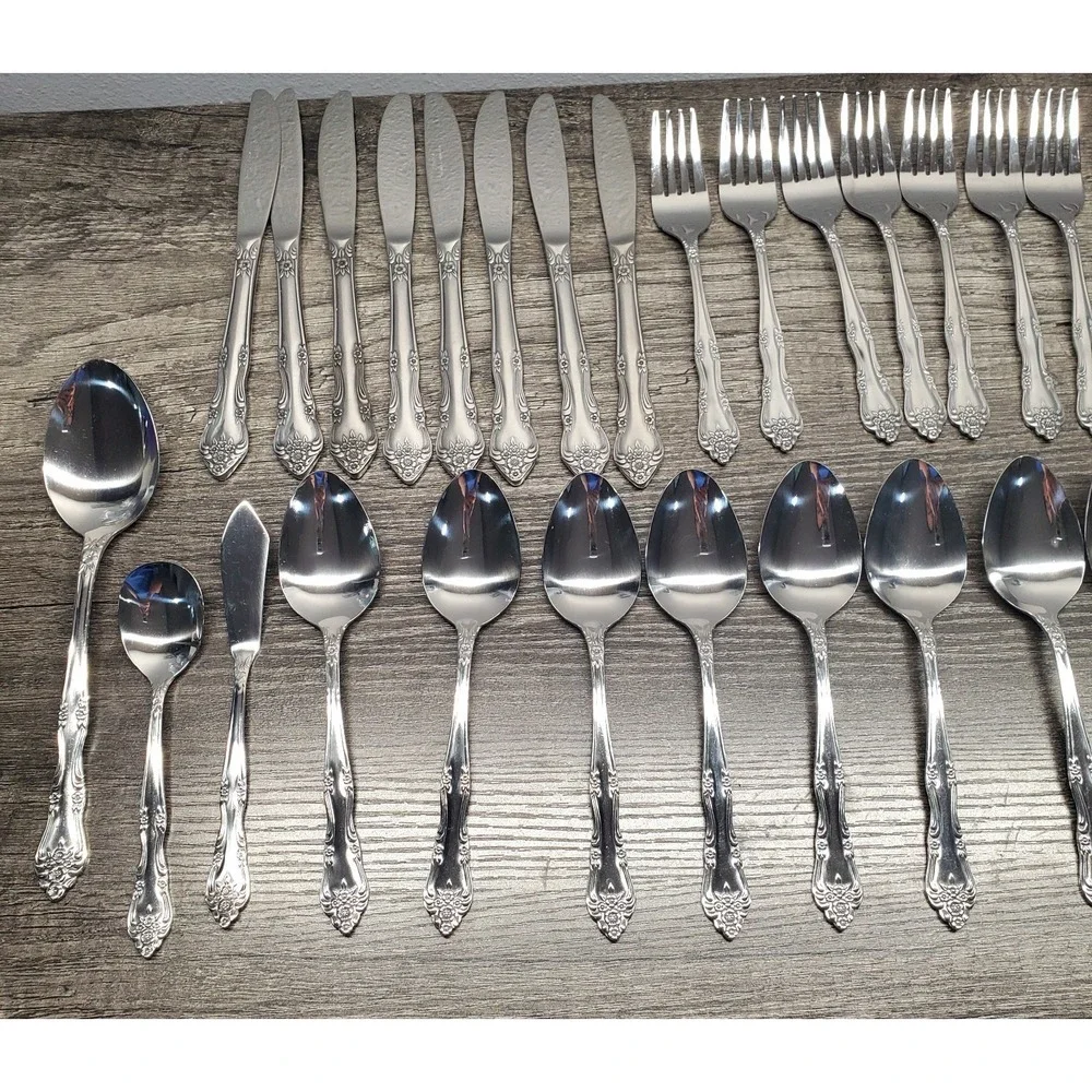 Rogers Co Flatware Set Stainless Korea Floral Pattern Service 8 Set Of 43 NEW